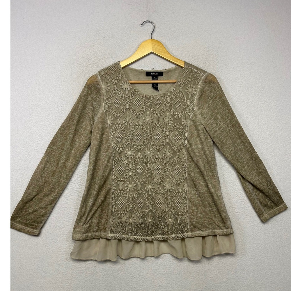 Boho Cottagecore Style & co. Petite PS Tan Embroidered Ruffle Hem Top Peasant